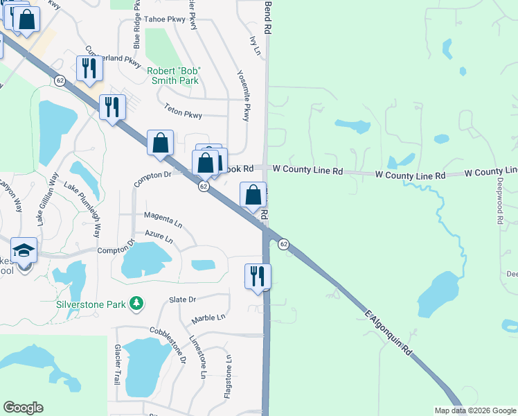 map of restaurants, bars, coffee shops, grocery stores, and more near 2455 East Algonquin Road in Carpentersville