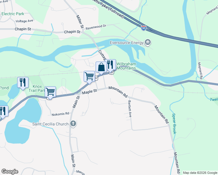 map of restaurants, bars, coffee shops, grocery stores, and more near 51 Mountain Rd in Wilbraham