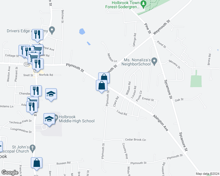 map of restaurants, bars, coffee shops, grocery stores, and more near 4 Abington Avenue in Holbrook