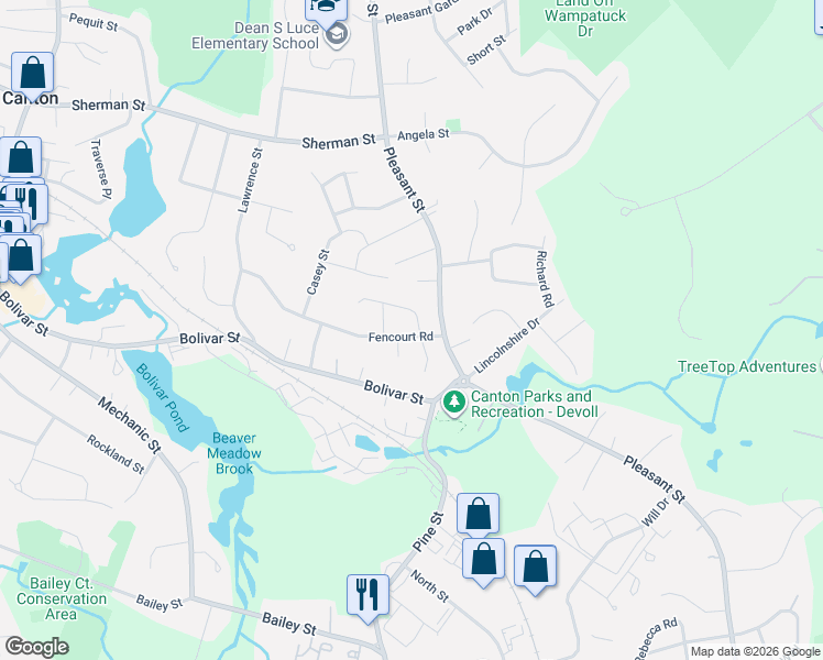 map of restaurants, bars, coffee shops, grocery stores, and more near 7 Glendale Way in Canton