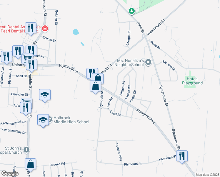 map of restaurants, bars, coffee shops, grocery stores, and more near 24 Poole Circle in Holbrook