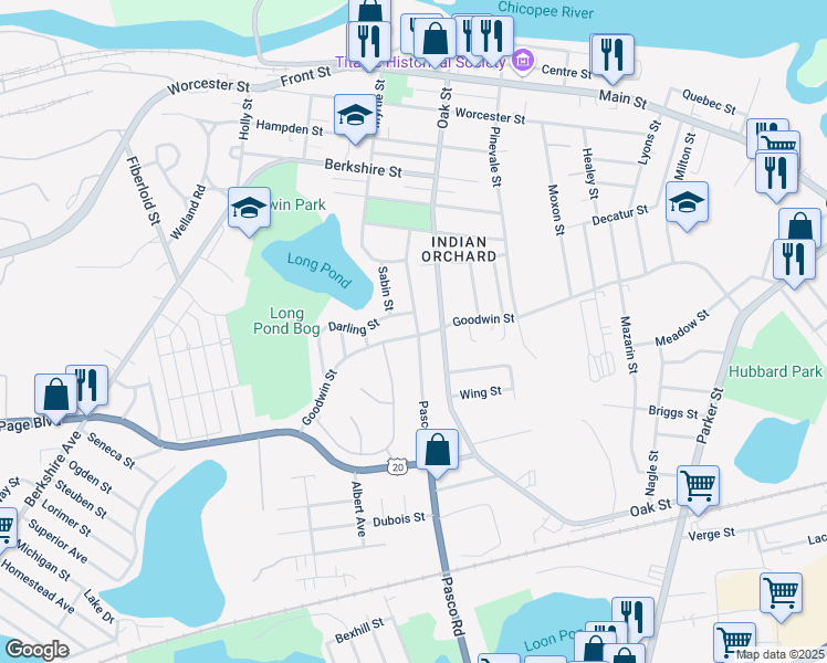 map of restaurants, bars, coffee shops, grocery stores, and more near 83 Pasco Road in Springfield