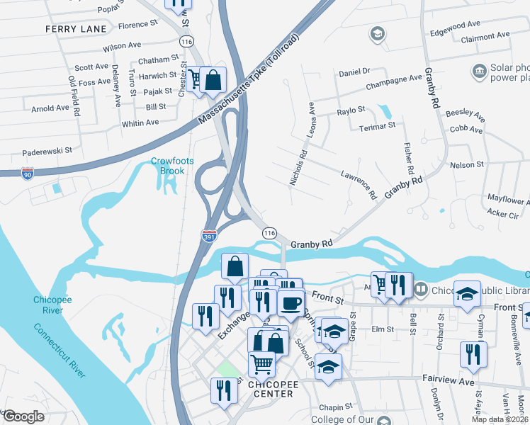 map of restaurants, bars, coffee shops, grocery stores, and more near 35 Old Chicopee Street in Chicopee