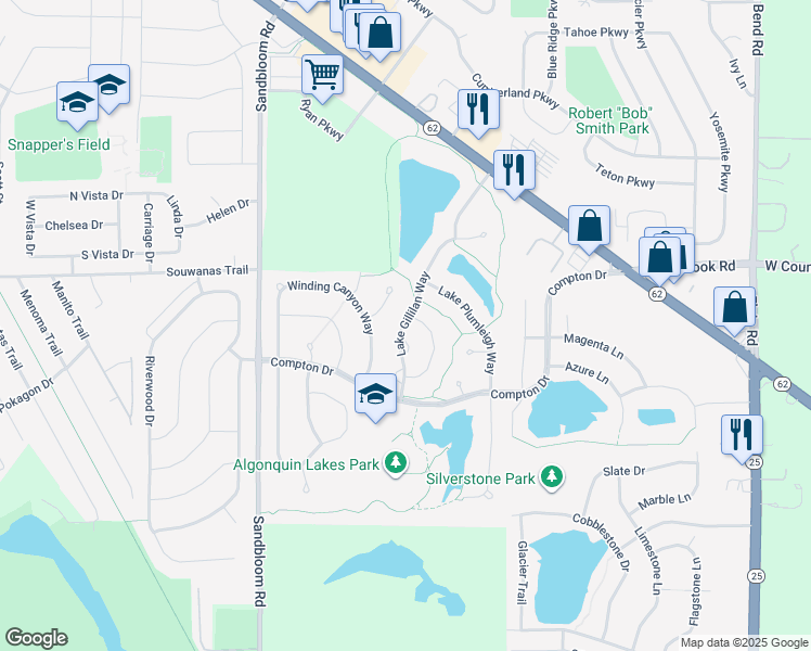 map of restaurants, bars, coffee shops, grocery stores, and more near 306 Lake Gillian Way in Algonquin