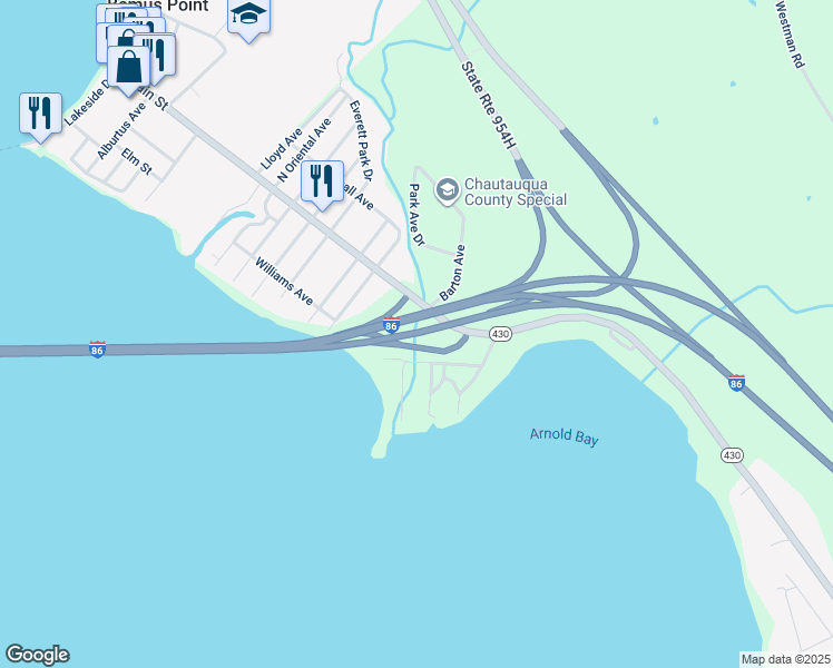 map of restaurants, bars, coffee shops, grocery stores, and more near 3934 Barton Avenue in Bemus Point