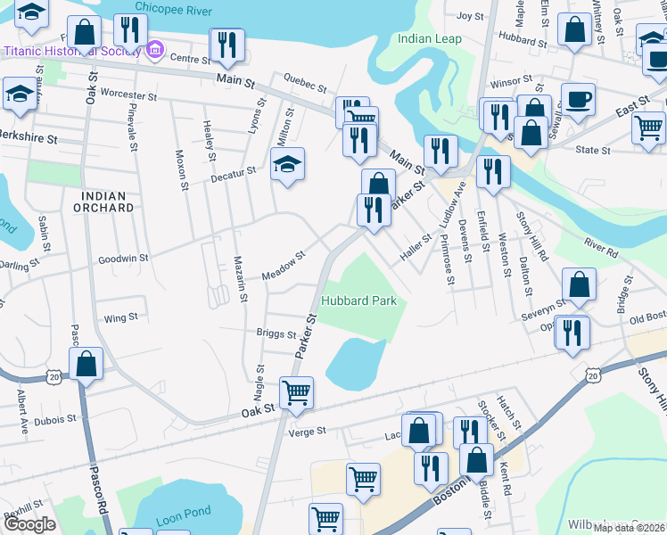 map of restaurants, bars, coffee shops, grocery stores, and more near 139 Parker Street in Springfield