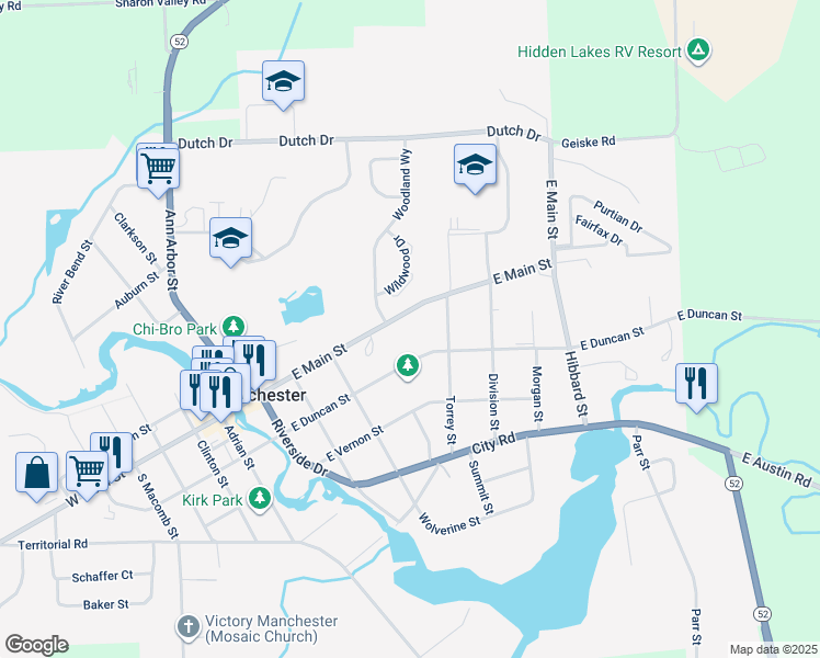 map of restaurants, bars, coffee shops, grocery stores, and more near 610 East Duncan Street in Manchester
