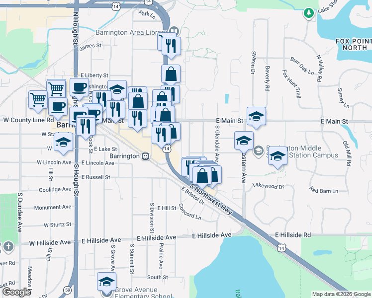map of restaurants, bars, coffee shops, grocery stores, and more near 131 Walton Street in Barrington