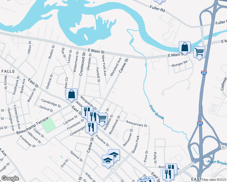map of restaurants, bars, coffee shops, grocery stores, and more near 124 Maryland Avenue in Chicopee