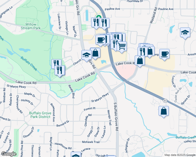 map of restaurants, bars, coffee shops, grocery stores, and more near 70 South Buffalo Grove Road in Buffalo Grove