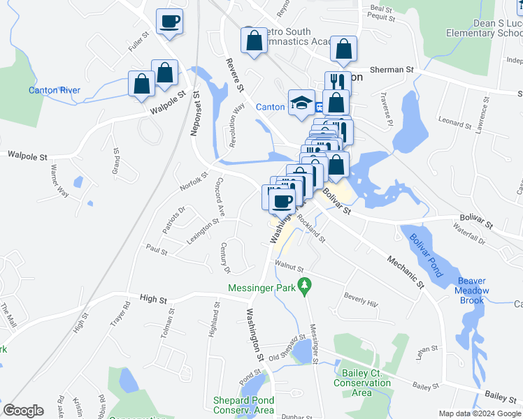map of restaurants, bars, coffee shops, grocery stores, and more near 35 Neponset Street in Canton
