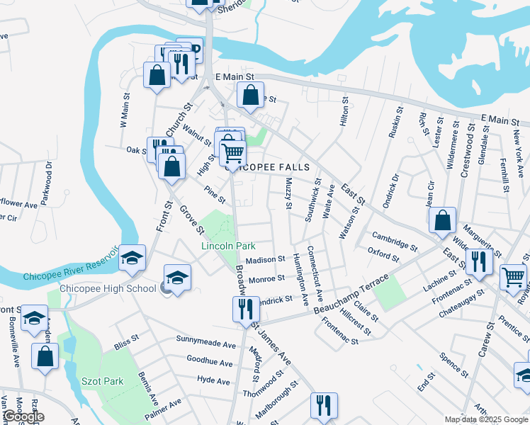 map of restaurants, bars, coffee shops, grocery stores, and more near 37 Alvord Avenue in Chicopee
