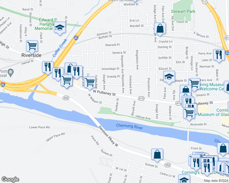map of restaurants, bars, coffee shops, grocery stores, and more near 260 Cayuta Street in Corning