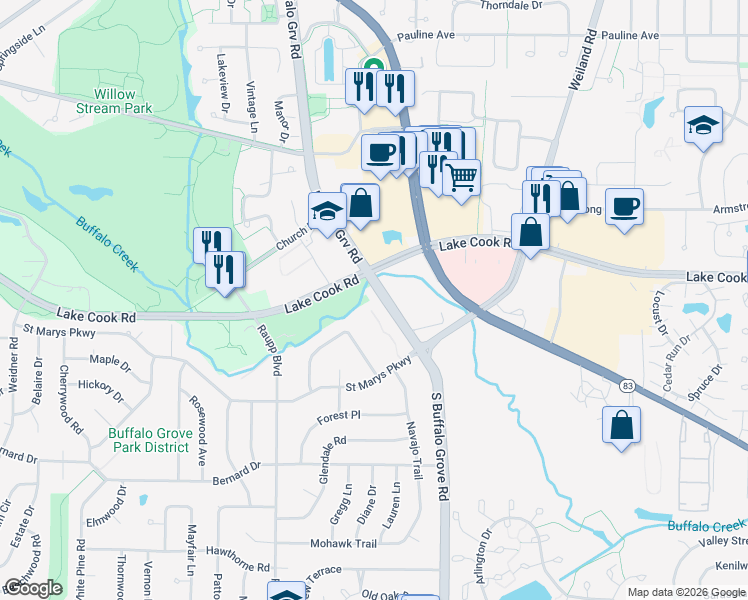 map of restaurants, bars, coffee shops, grocery stores, and more near 61 South Buffalo Grove Road in Buffalo Grove
