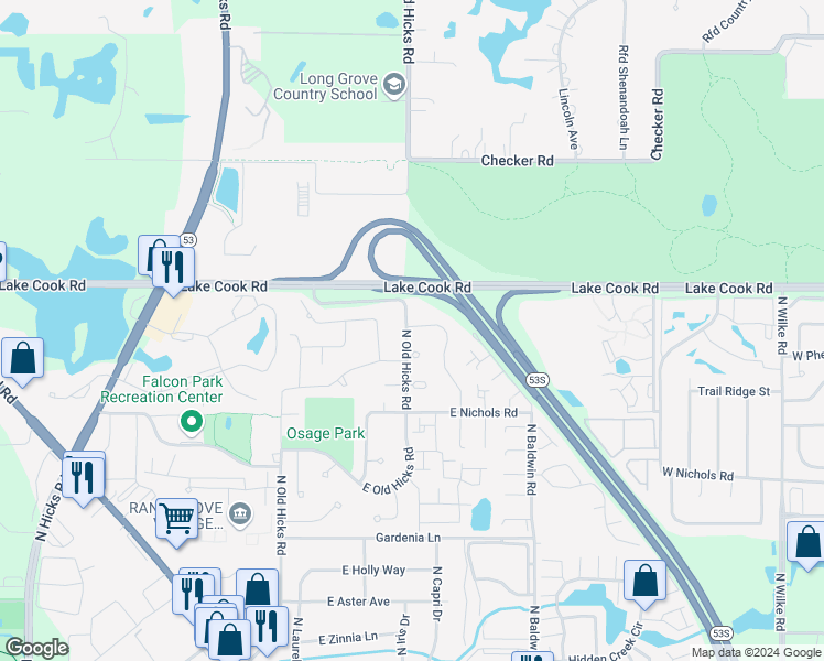map of restaurants, bars, coffee shops, grocery stores, and more near 2341 East Old Hicks Road in Palatine