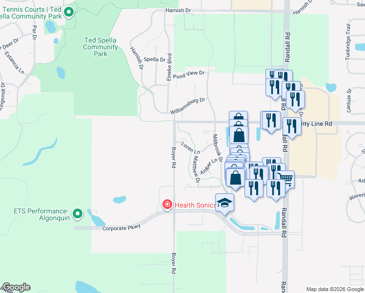 map of restaurants, bars, coffee shops, grocery stores, and more near 2666 Loren Court in Algonquin