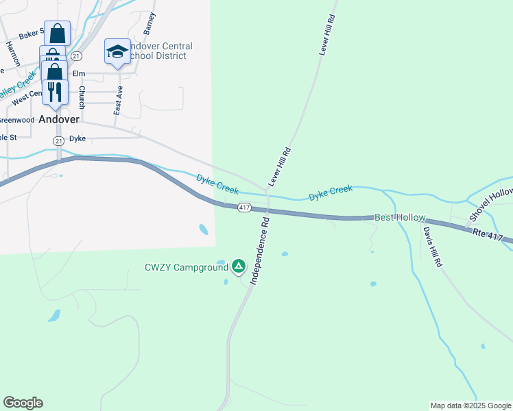map of restaurants, bars, coffee shops, grocery stores, and more near 3543 County Road 22 in Andover