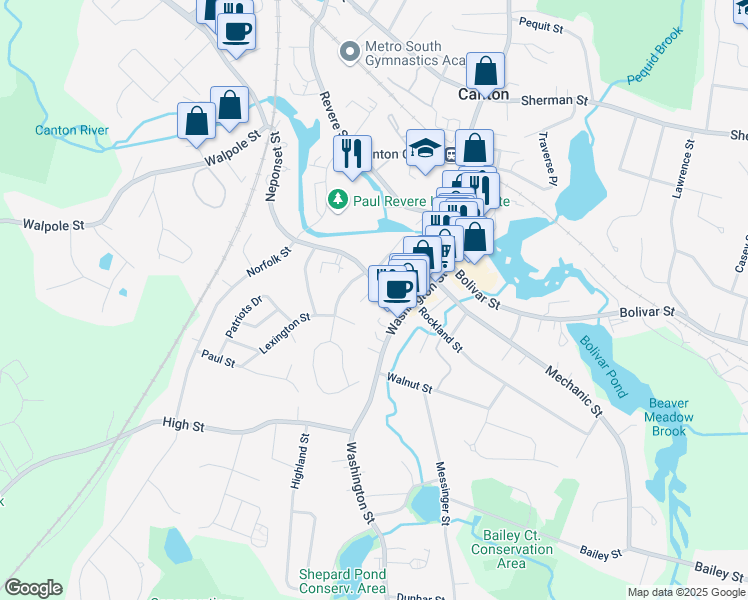 map of restaurants, bars, coffee shops, grocery stores, and more near 32 Neponset Street in Canton