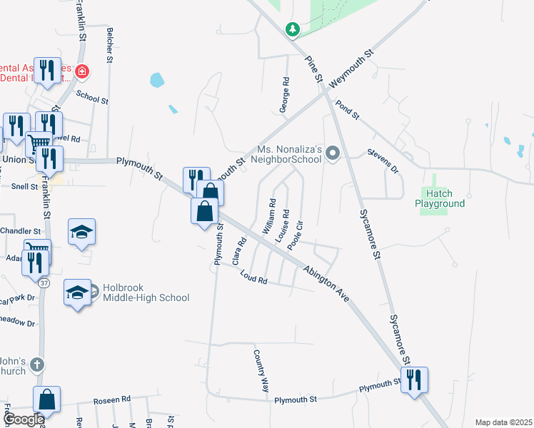 map of restaurants, bars, coffee shops, grocery stores, and more near 28 William Road in Holbrook