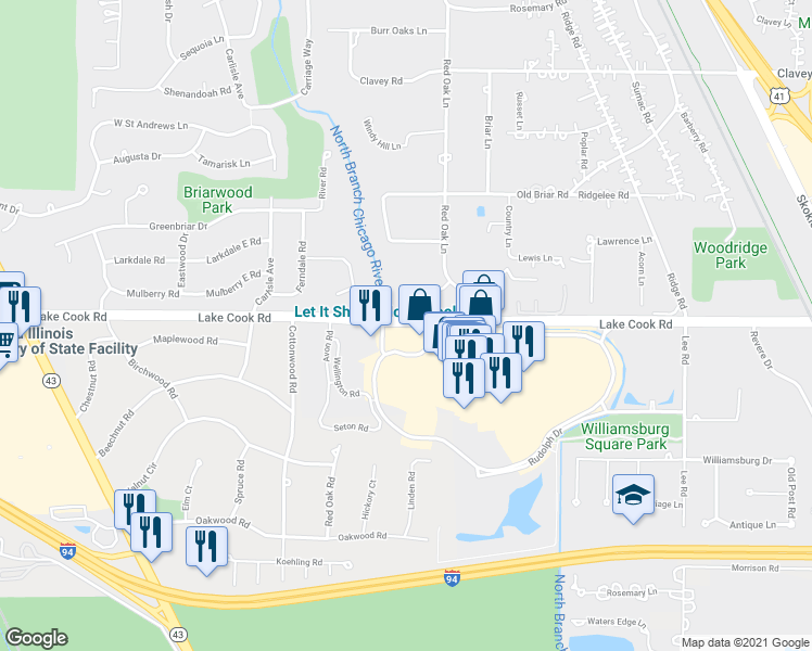 map of restaurants, bars, coffee shops, grocery stores, and more near 1739 Lake Cook Road in Northbrook