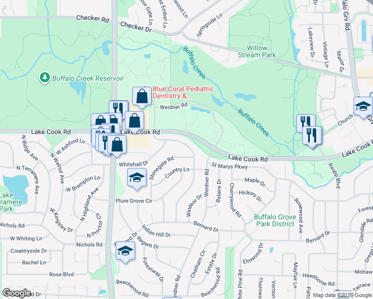 map of restaurants, bars, coffee shops, grocery stores, and more near 63 Timber Hill Road in Buffalo Grove