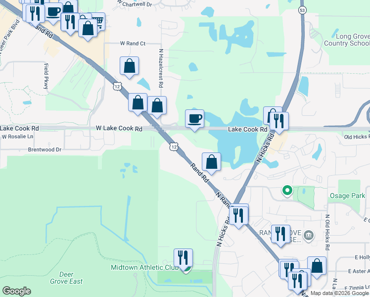 map of restaurants, bars, coffee shops, grocery stores, and more near 2265 North Rand Road in Palatine