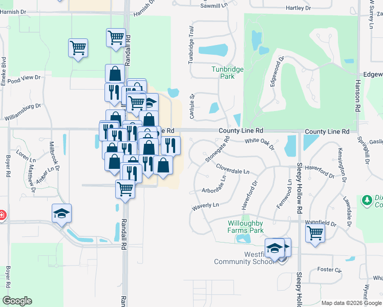 map of restaurants, bars, coffee shops, grocery stores, and more near 34 Dellwood Court in Algonquin