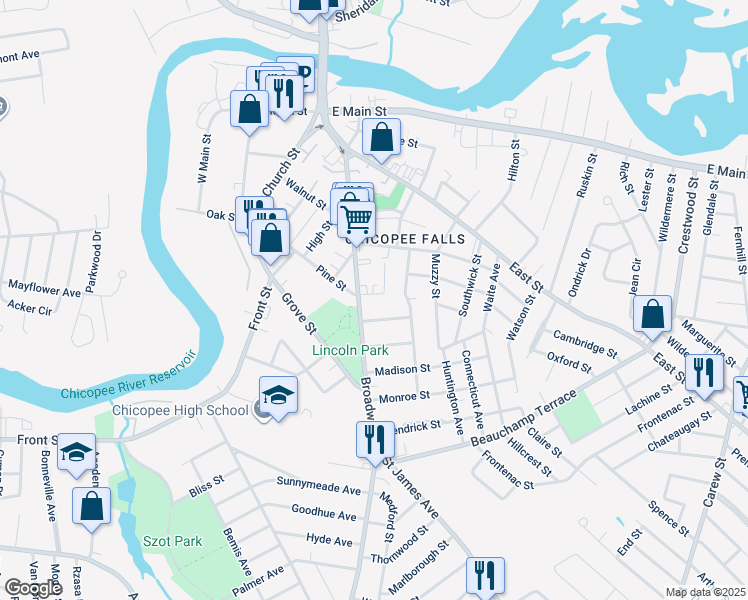 map of restaurants, bars, coffee shops, grocery stores, and more near 37 Alvord Avenue in Chicopee