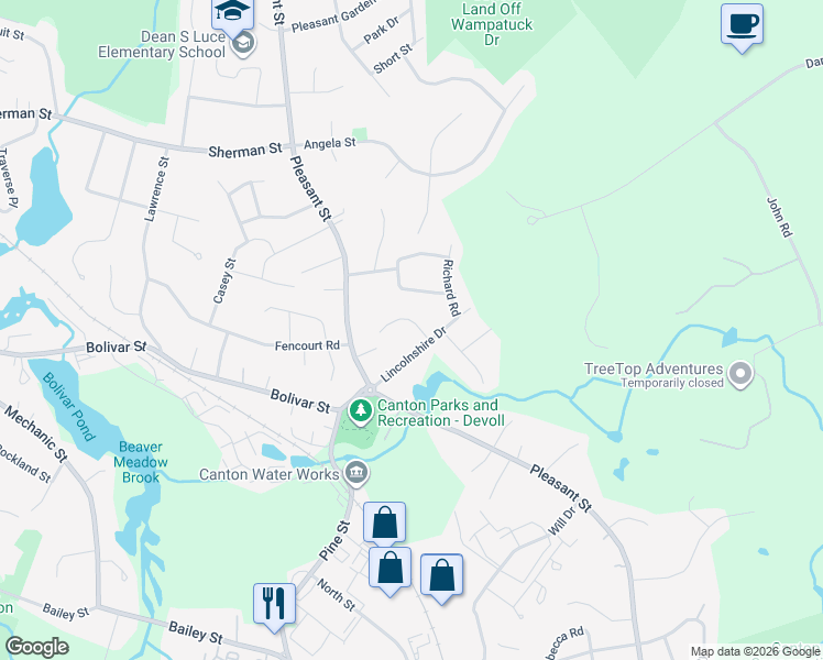 map of restaurants, bars, coffee shops, grocery stores, and more near 9 Jeffrey Road in Canton
