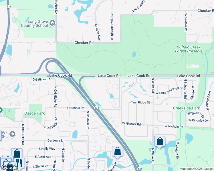 map of restaurants, bars, coffee shops, grocery stores, and more near 2214 West Nichols Road in Arlington Heights