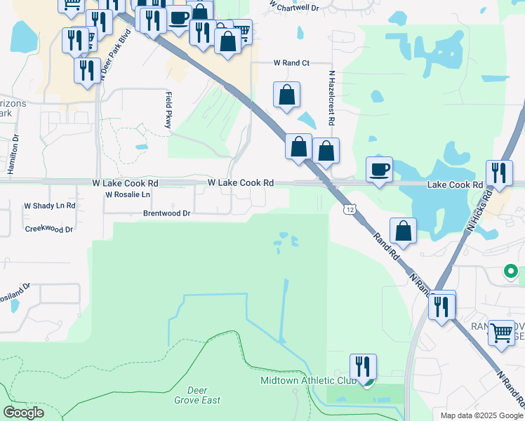 map of restaurants, bars, coffee shops, grocery stores, and more near 2332 North Brett Lane in Palatine