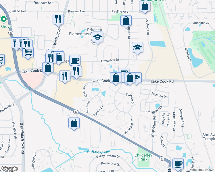 map of restaurants, bars, coffee shops, grocery stores, and more near 1182 Northbury Lane in Wheeling