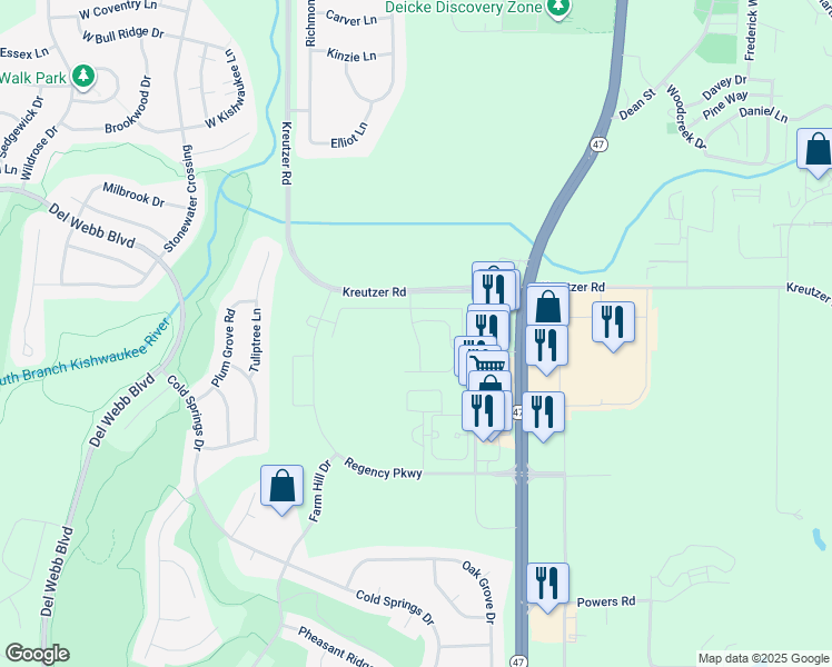 map of restaurants, bars, coffee shops, grocery stores, and more near 12400 Regency Parkway in Huntley