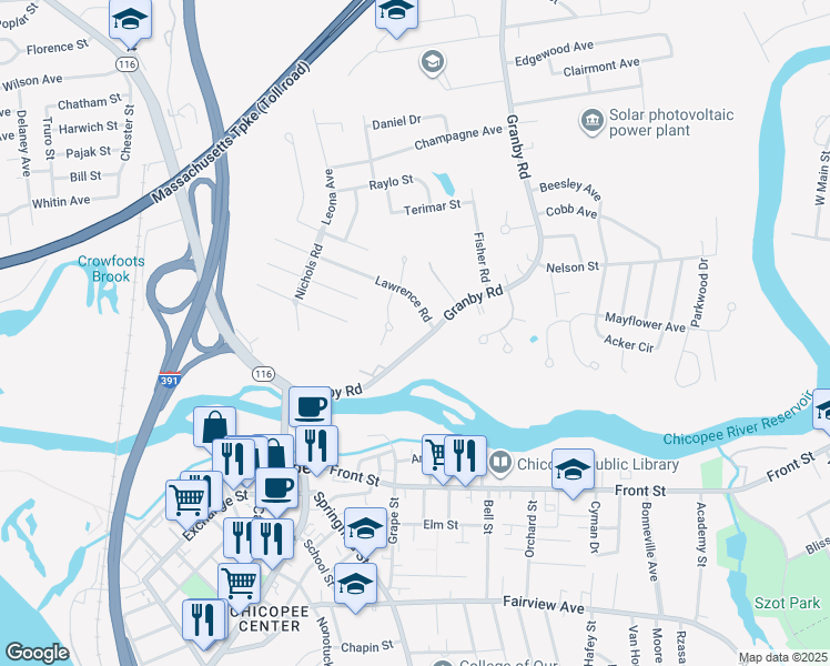map of restaurants, bars, coffee shops, grocery stores, and more near 172 Lawrence Road in Chicopee