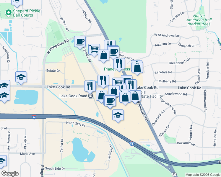 map of restaurants, bars, coffee shops, grocery stores, and more near 401 Lake Cook Rd in Deerfield