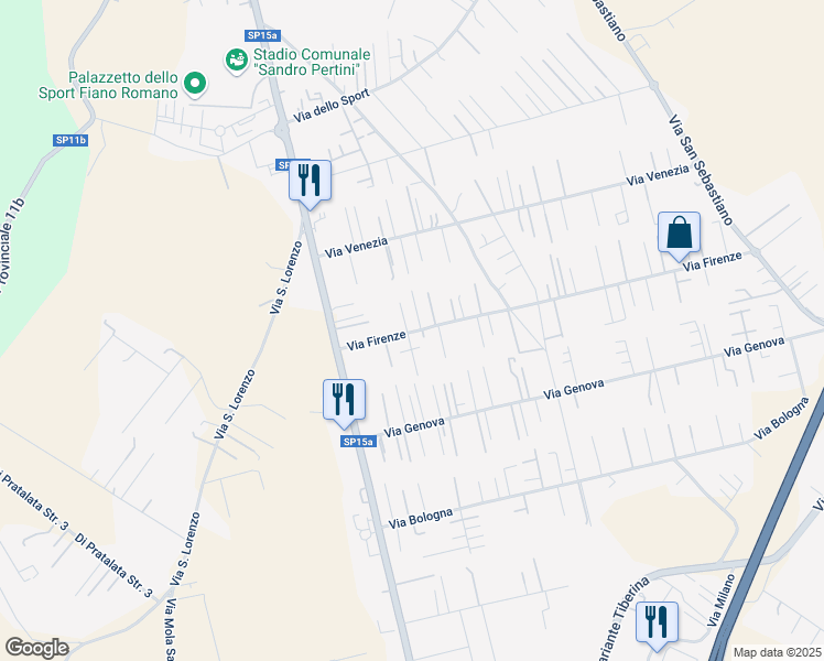 map of restaurants, bars, coffee shops, grocery stores, and more near 15 Via Firenze in Fiano Romano