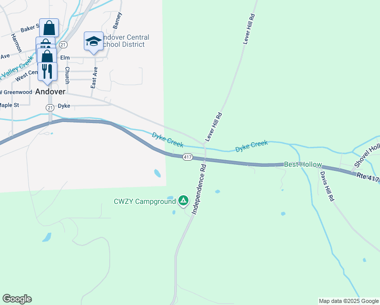 map of restaurants, bars, coffee shops, grocery stores, and more near 3543 County Road 22 in Andover