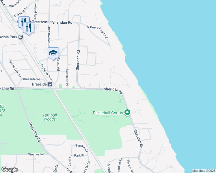 map of restaurants, bars, coffee shops, grocery stores, and more near 186 South Deere Park Drive in Highland Park