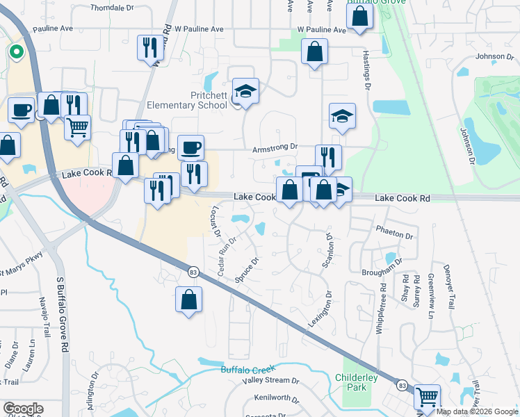 map of restaurants, bars, coffee shops, grocery stores, and more near 1201 East Lake Cook Road in Wheeling