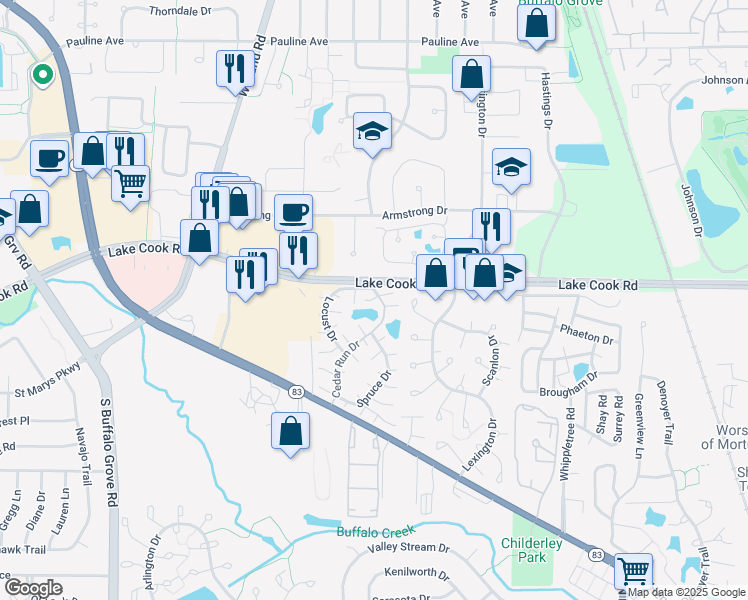map of restaurants, bars, coffee shops, grocery stores, and more near 765 Harms Court in Wheeling