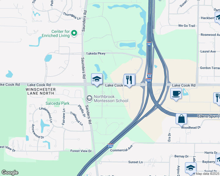 map of restaurants, bars, coffee shops, grocery stores, and more near 4115 Lake Cook Road in Northbrook