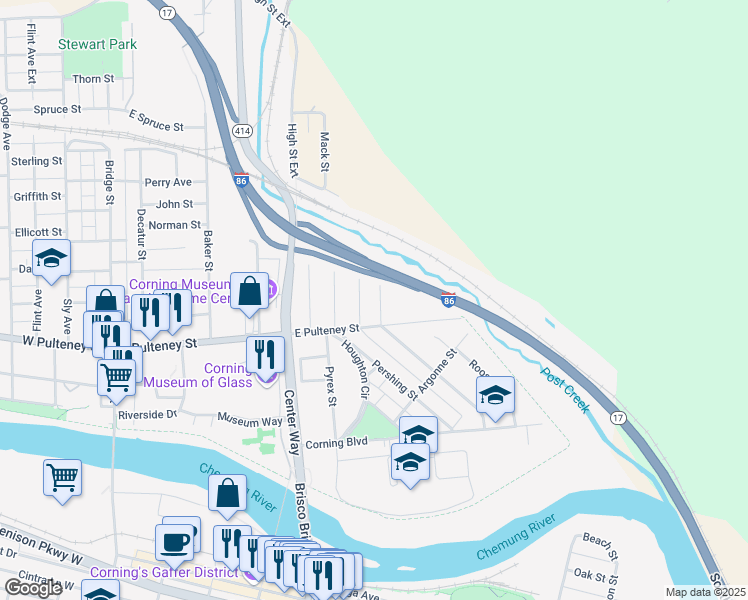 map of restaurants, bars, coffee shops, grocery stores, and more near 8 James Street in Corning