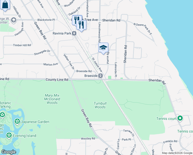 map of restaurants, bars, coffee shops, grocery stores, and more near 26 Blackhawk Road in Highland Park