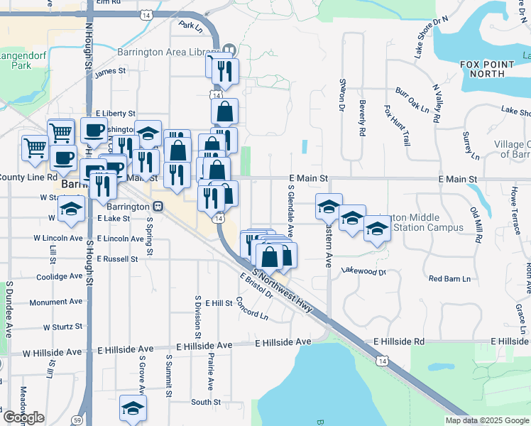 map of restaurants, bars, coffee shops, grocery stores, and more near 142 South Kainer Avenue in Barrington