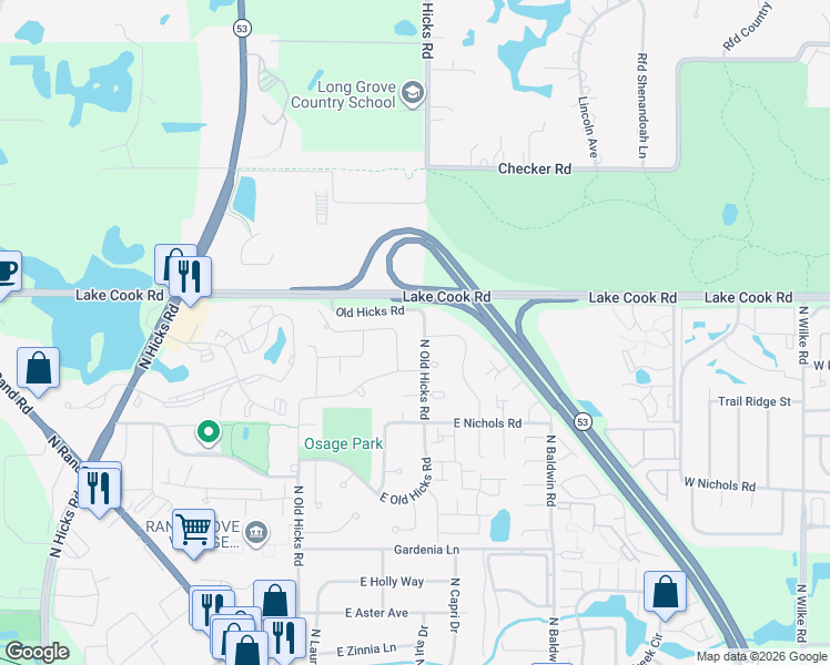 map of restaurants, bars, coffee shops, grocery stores, and more near 2332 North Old Hicks Road in Palatine