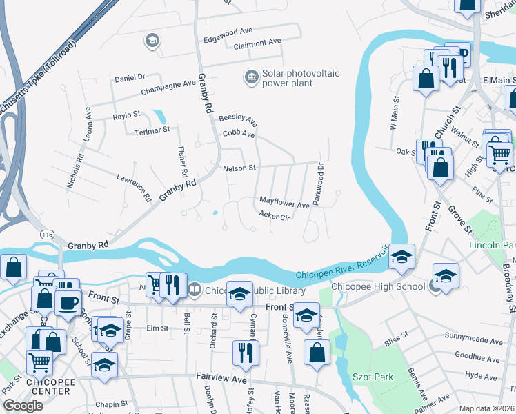map of restaurants, bars, coffee shops, grocery stores, and more near 107 Mayflower Avenue in Chicopee