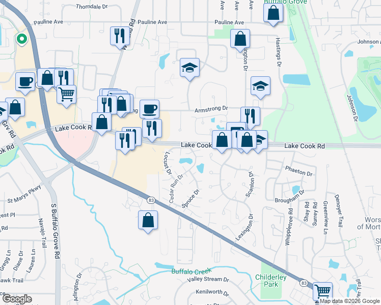 map of restaurants, bars, coffee shops, grocery stores, and more near 765 Harms Court in Wheeling