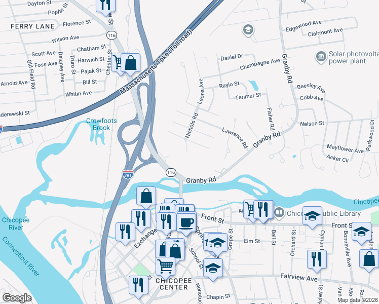 map of restaurants, bars, coffee shops, grocery stores, and more near 32 Coolidge Road in Chicopee