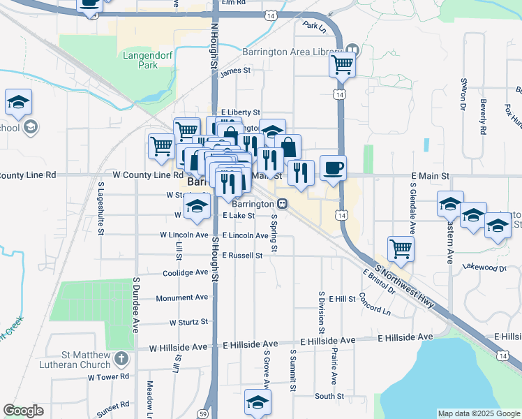 map of restaurants, bars, coffee shops, grocery stores, and more near 210 West Station Street in Barrington