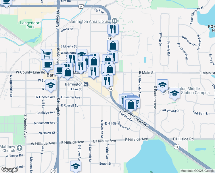 map of restaurants, bars, coffee shops, grocery stores, and more near 132 South Northwest Highway in Barrington